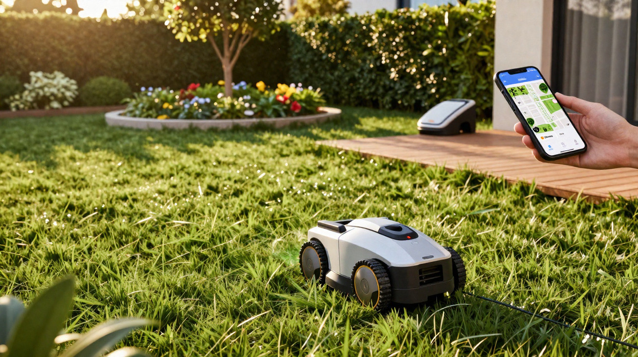 Garten mit automatischem Rasenmäher, gesteuert über Smartphone-App im sonnigen Hinterhof.