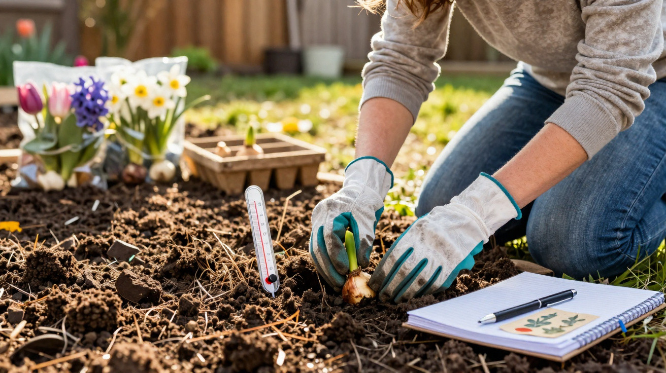 Frau pflanzt Blumenzwiebel in Gartenbeet, Thermometer und Notizbuch liegen neben ihr auf der Erde.