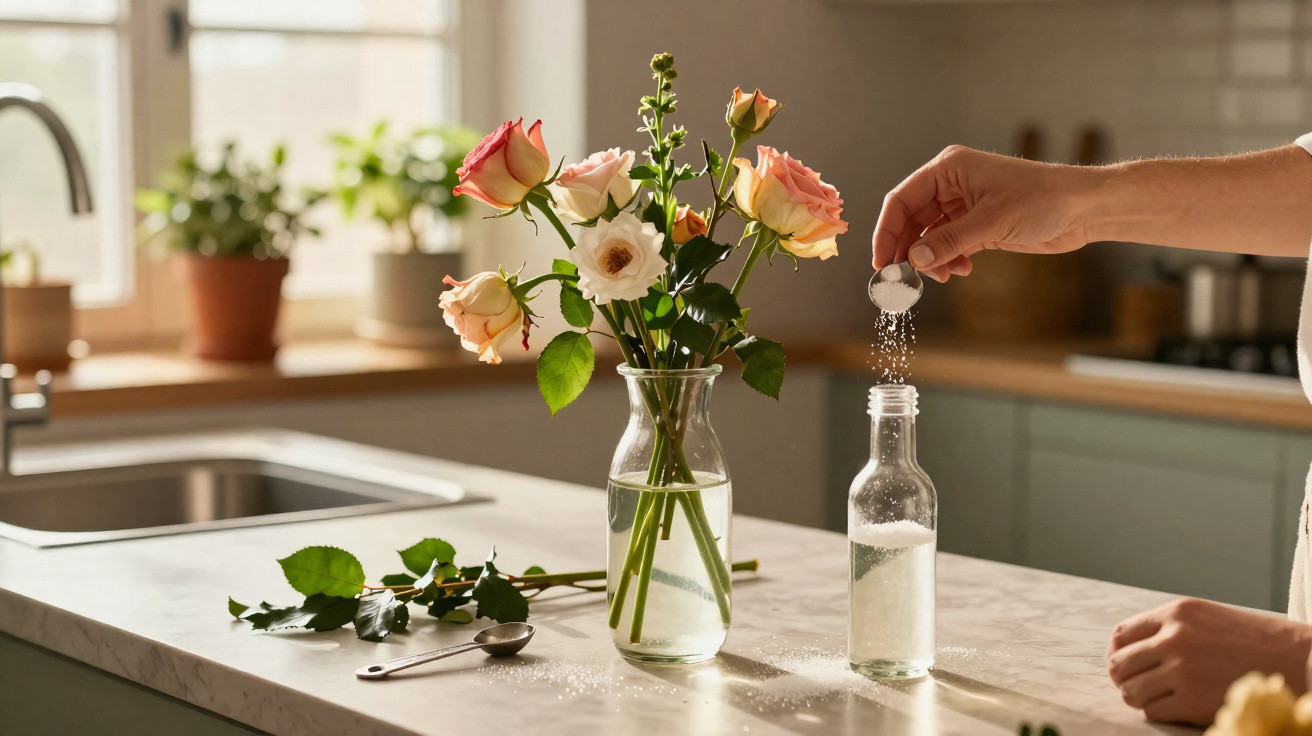 Hand gibt Brausetablette in Wasserflasche, Rosenstrauß in Vase auf Küchenarbeitsplatte im Hintergrund.