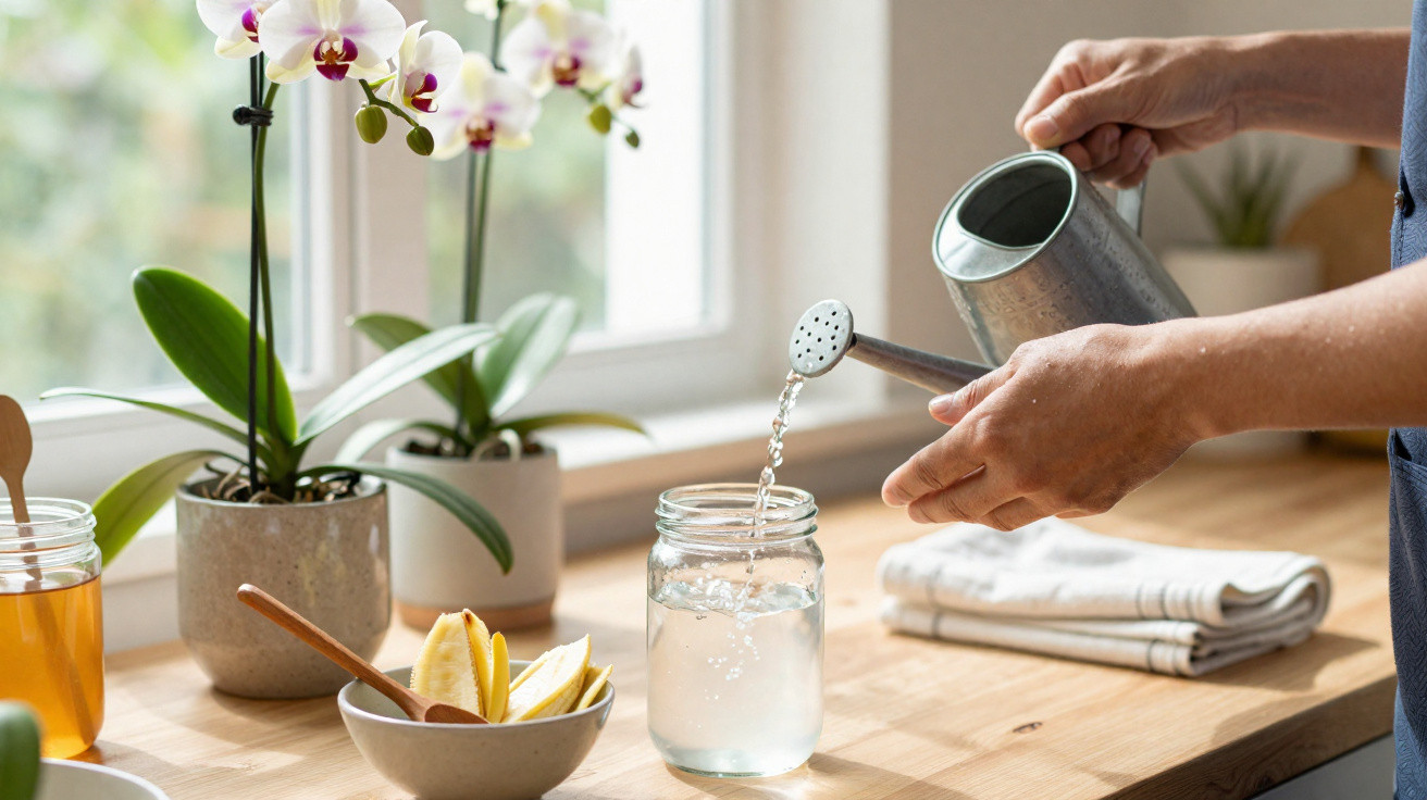 Person gießt Wasser aus einer Gießkanne in ein Glas auf einem Holztisch neben Orchideen und Obstschale.