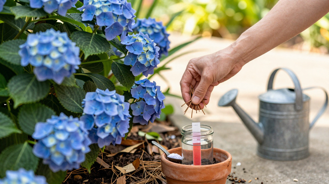 Hand mit Stäbchen neben blau blühenden Hortensien und Gießkanne im Garten, Tontopf mit Wasser und Erde.