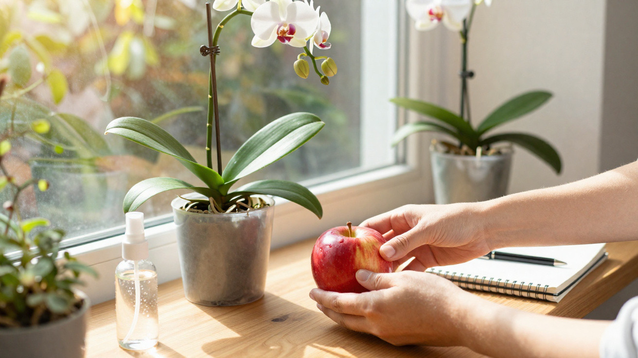 Hände halten einen roten Apfel am sonnigen Fensterbrett neben zwei Orchideen in Töpfen und einem Notizbuch.