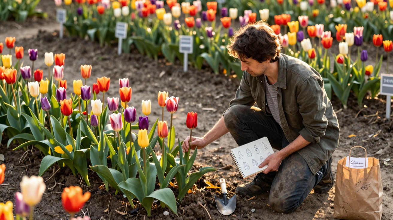 Mann kniet im Garten und untersucht bunte Tulpen mit Notizbuch und Gartenschaufel bei Sonnenlicht.