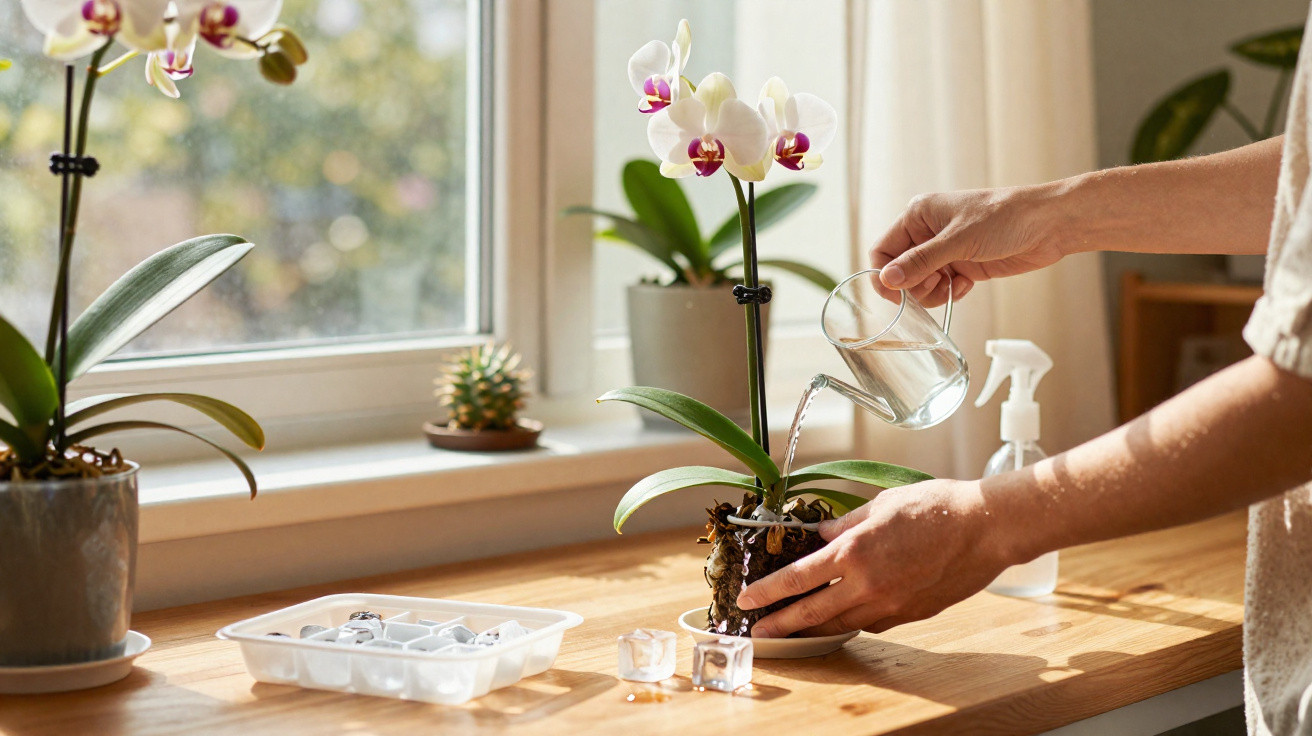 Person gießt Orchidee auf Fensterbank mit Eisschale und Sprühflasche im Sonnenlicht