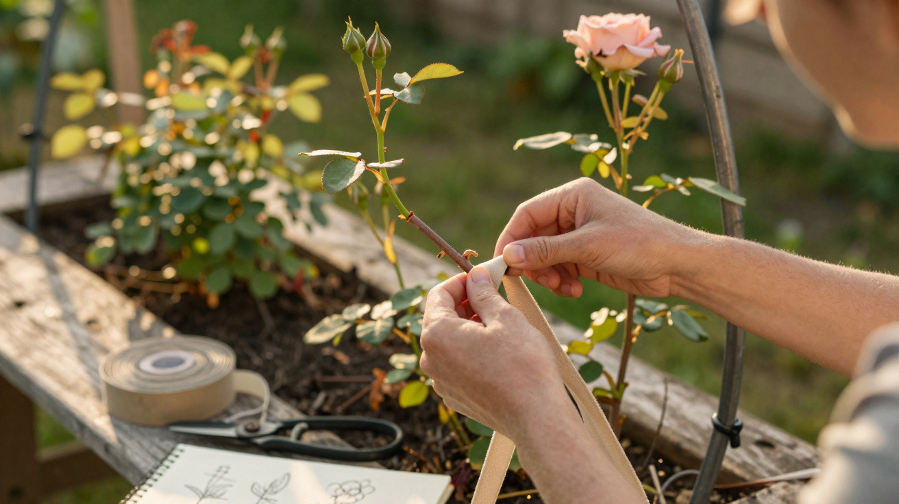 Person bindet eine Rosenzweig in einem Garten mit Gartenwerkzeugen und Zeichnungen im Hintergrund.