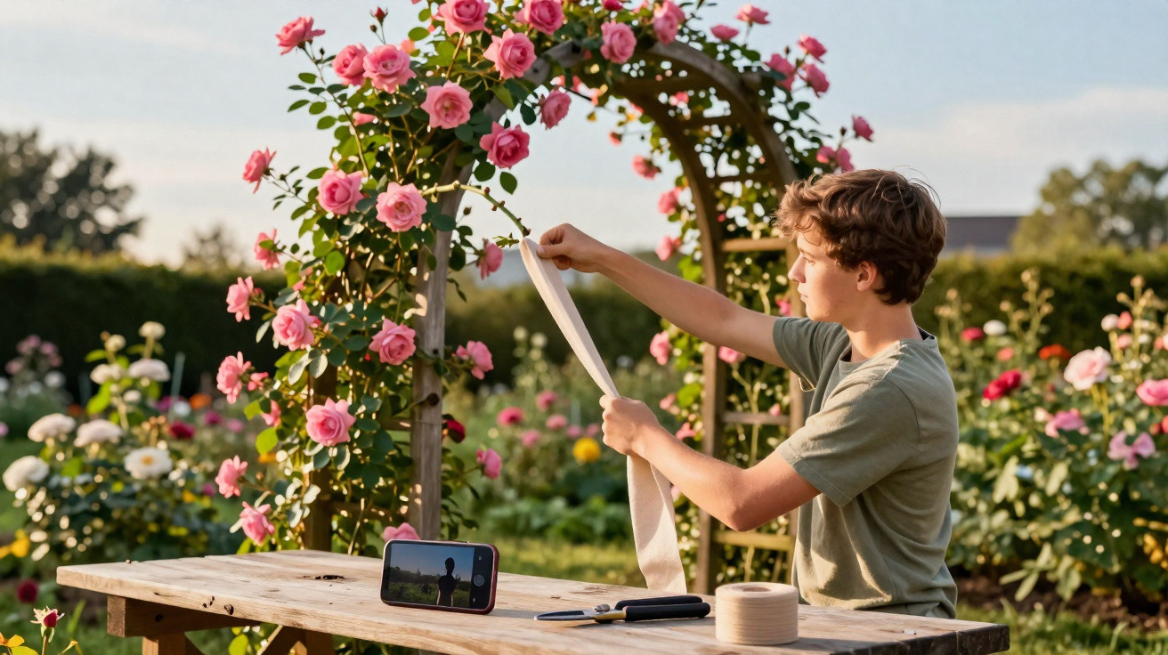 Junge wickelt Band an Rosenbogen im Garten, Smartphone filmt Szene auf Holztisch mit Gartengeräten.