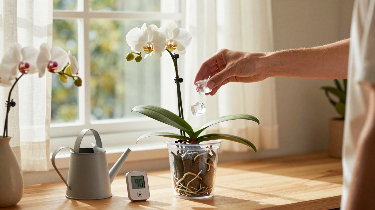 Hand legt Eiswürfel in durchsichtigen Blumentopf mit weißer Orchidee auf Holztisch vor Fenster.