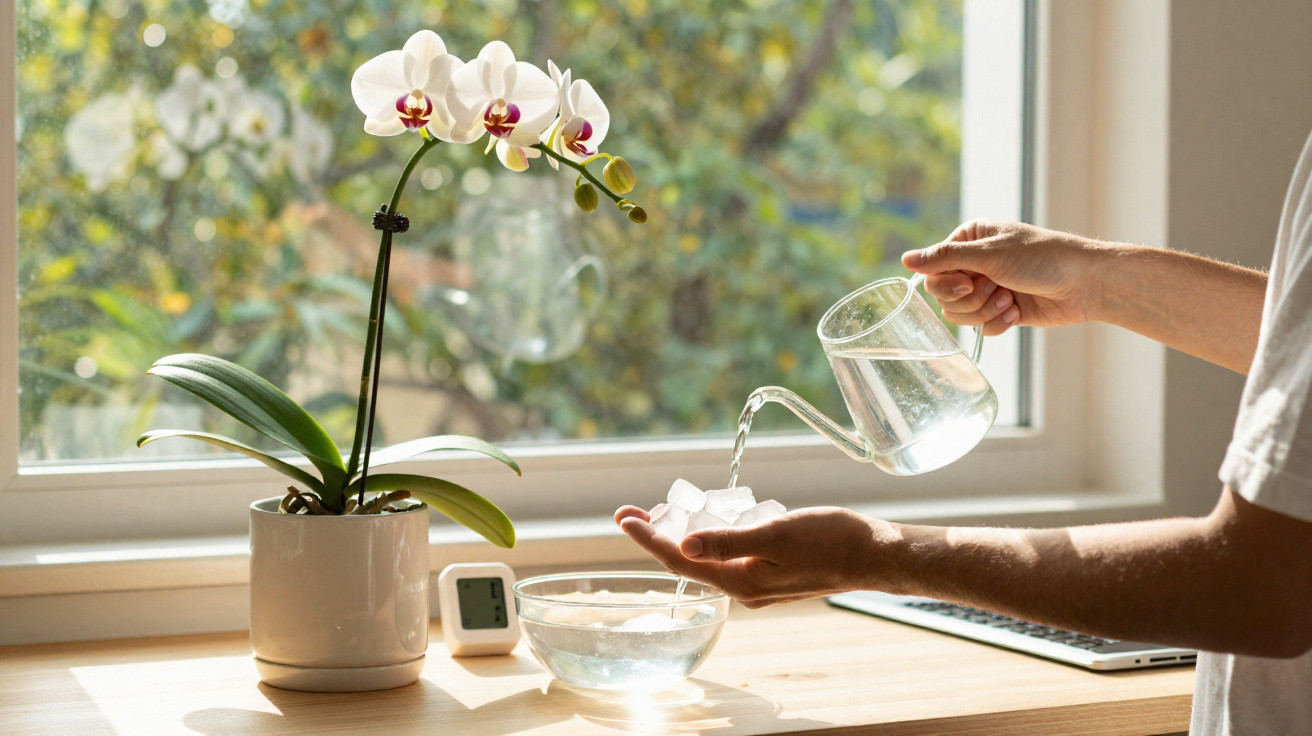 Person gießt frisches Wasser aus Gießkanne auf Hände mit Eiswürfeln, weiße Orchidee am Fensterbrett.