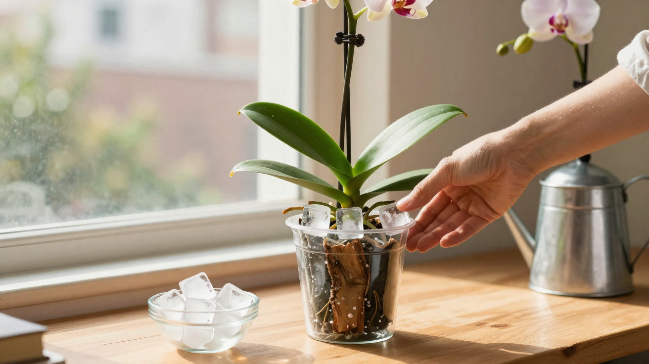 Hand legt Eiswürfel in durchsichtigen Topf mit Orchidee auf Fensterbank neben Gießkanne und Schüssel.