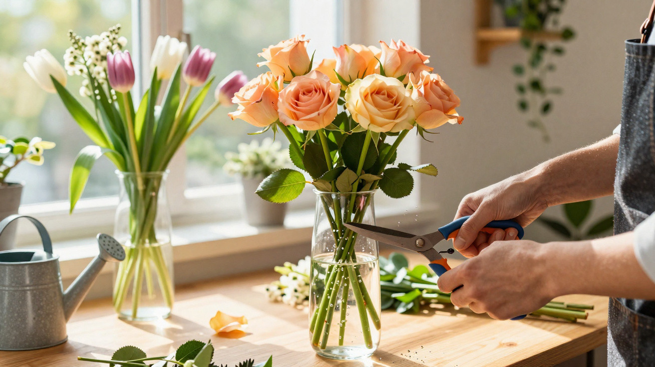 Person schneidet Orangetöne Rosenstiele für ein Blumengesteck in einer Glasvase auf einem Tisch.