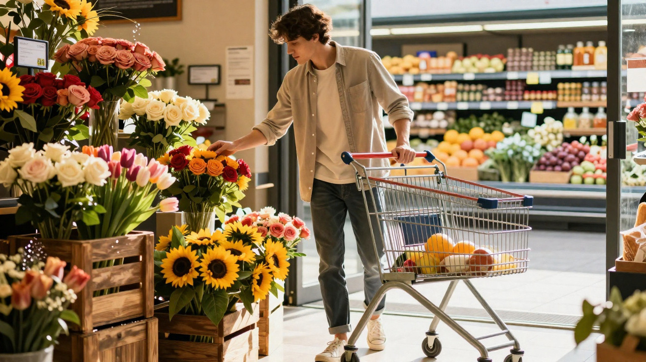 Junger Mann wählt Blumen im Supermarkt, Einkaufswagen mit Obst im Hintergrund sichtbar.