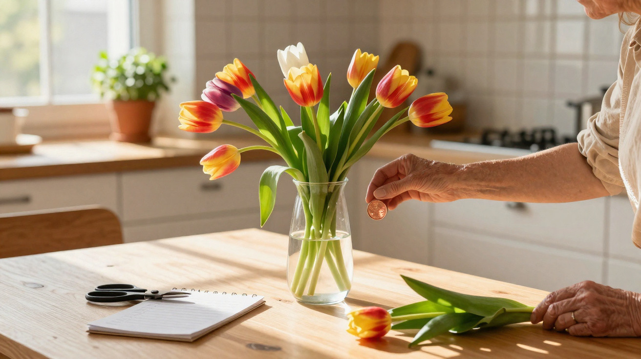 Blumenstrauß mit bunten Tulpen in Glasvase auf Holztisch, daneben alte Hände und Schreibutensilien.