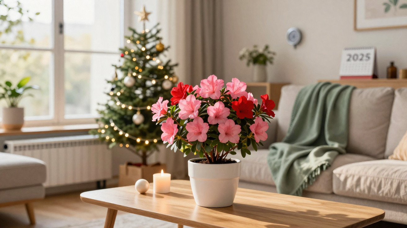 Blumentopf mit roten und pinken Blumen auf Holztisch vor Weihnachtsbaum und Sofa im Wohnzimmer.
