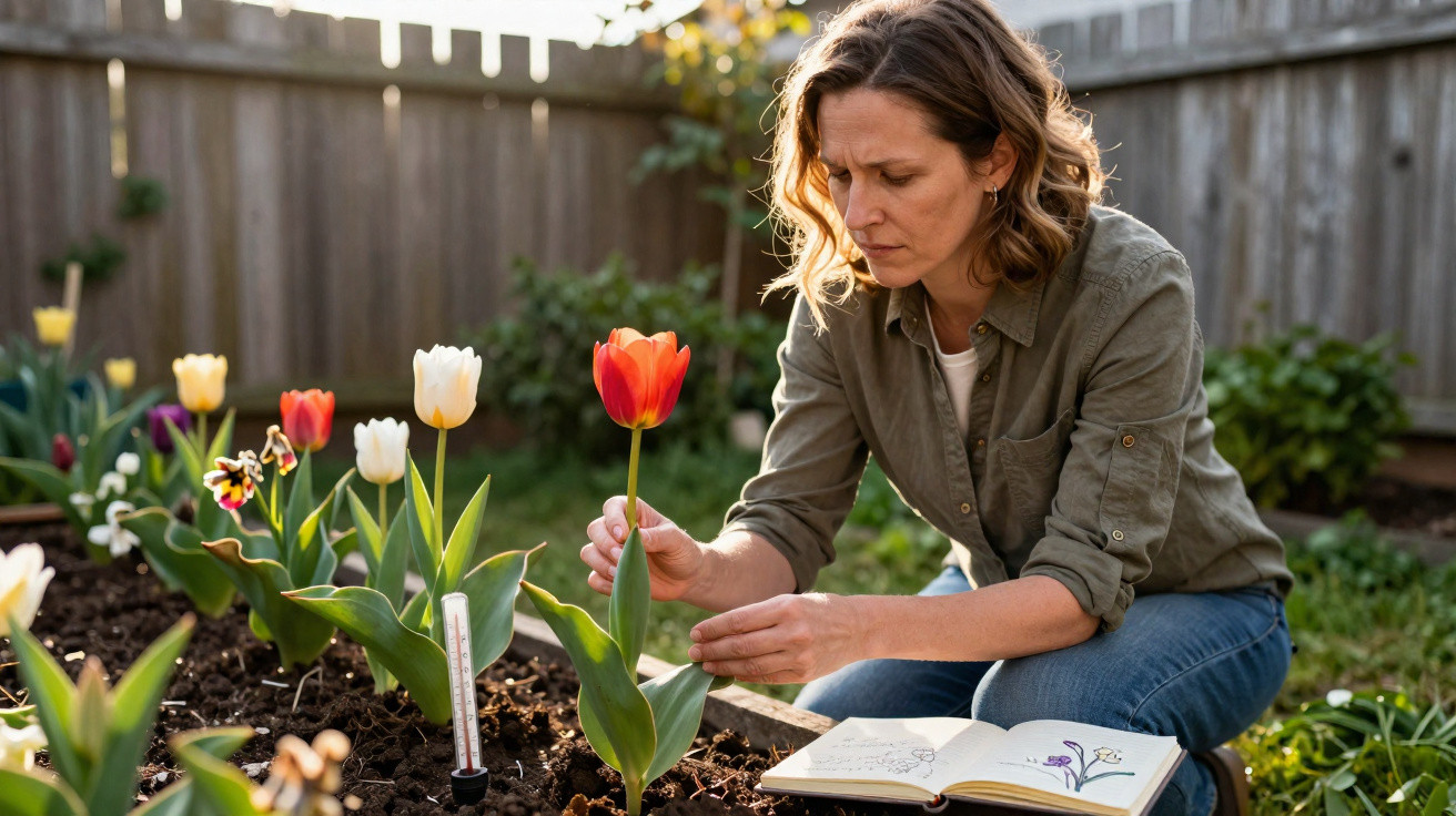 Frau pflegt Tulpen im Gartenbeet mit geöffnetem Pflanzenbuch neben sich bei Sonnenlicht.