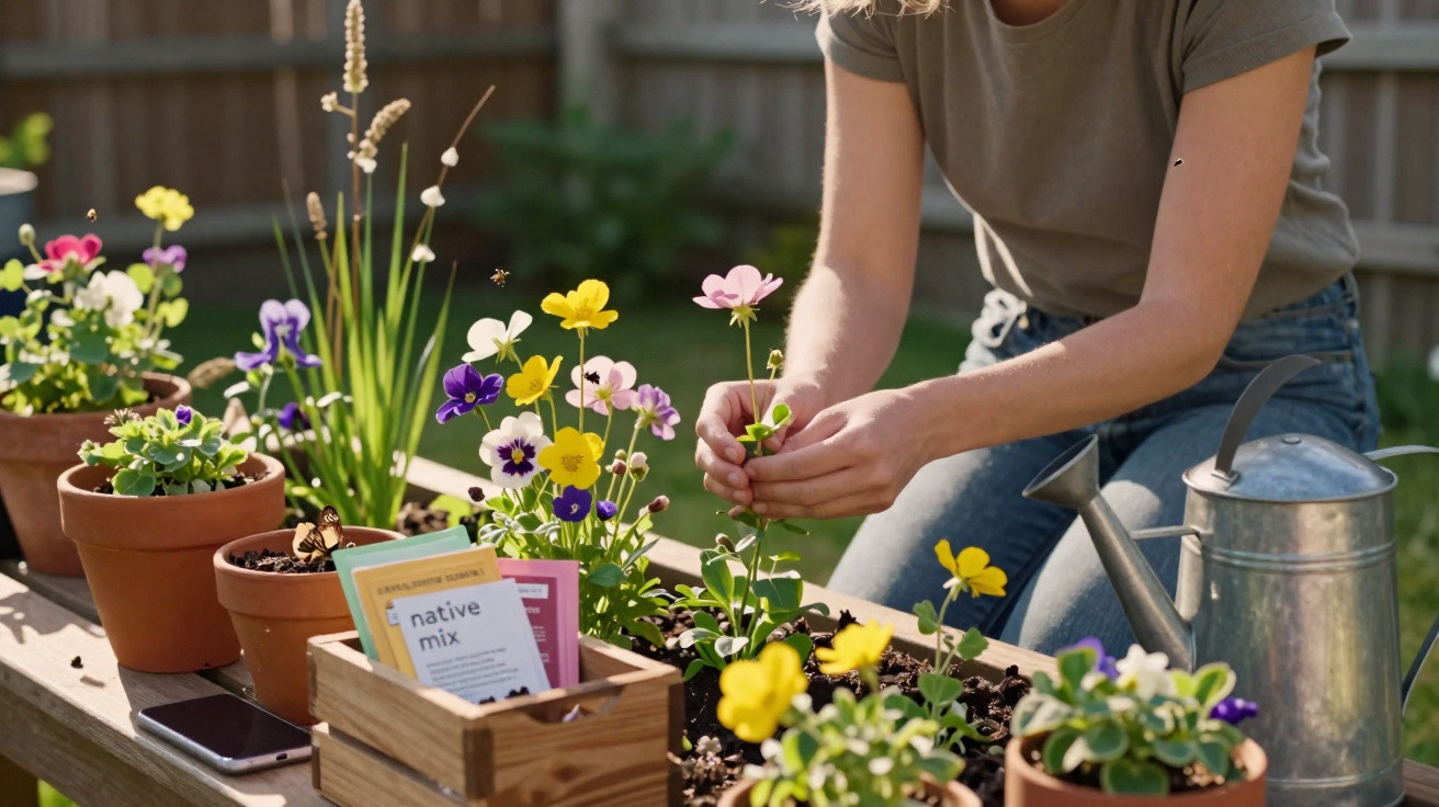 Frau pflanzt bunte Blumen in einem Hochbeet im Garten mit Gießkanne und Samenpaketen auf dem Tisch.