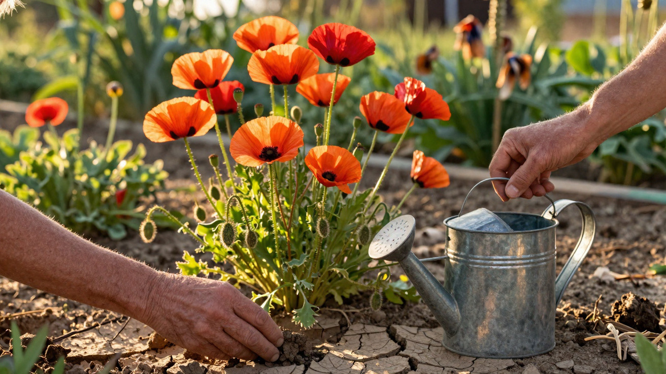 Zwei Hände pflegen rote Mohnblumen in trockenem Boden, eine hält eine Gießkanne.