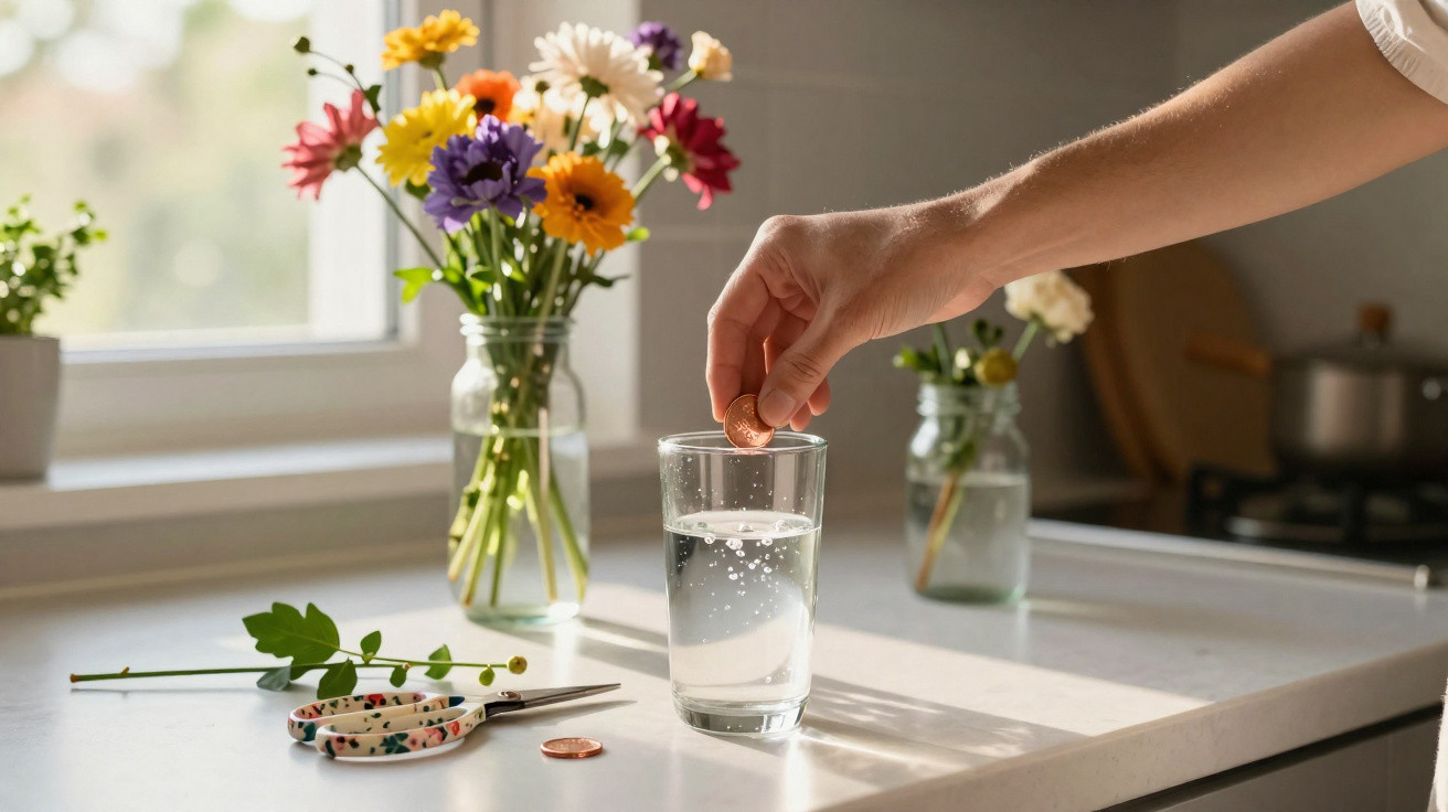Hand legt Brausetablette in Glas mit Wasser auf hellem Küchentisch mit Blumen im Hintergrund.