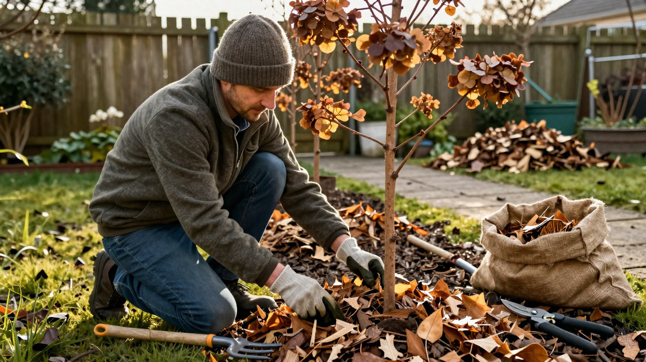 Mann harkt herbstliche Blätter um einen jungen Baum im Garten und hat Gartenwerkzeuge neben sich liegen.