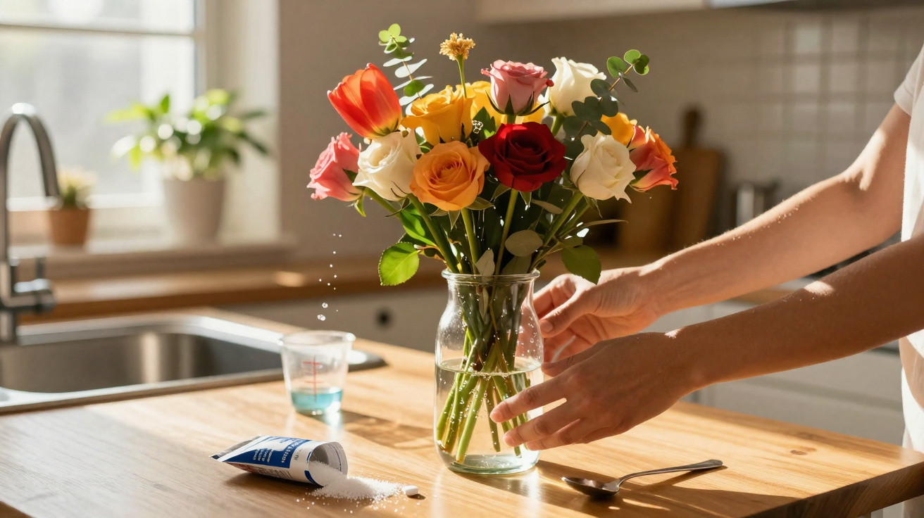 Person arrangiert bunte Schnittblumen in einer Glasvase auf einer sonnigen Küchenarbeitsplatte.