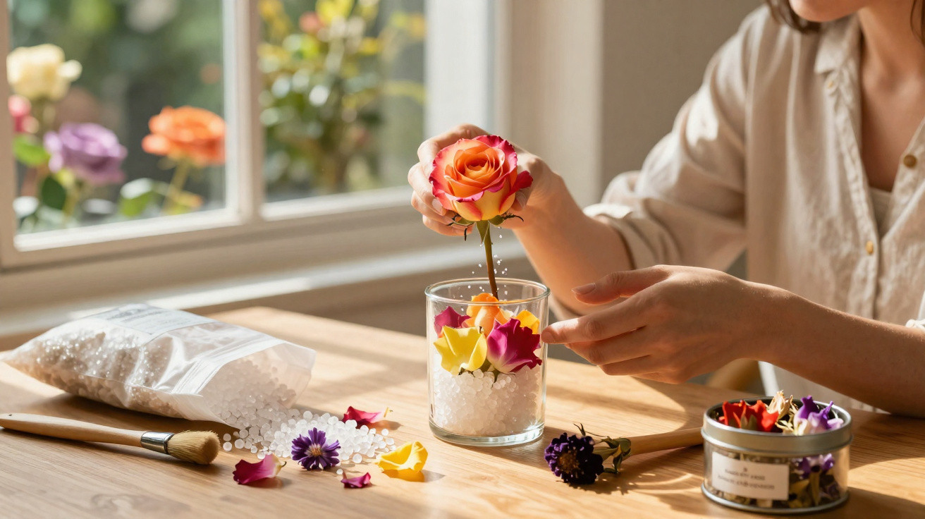 Person arrangiert bunte Rosen in einem Glas mit weißen Deko-Kügelchen auf einem Holztisch am Fenster.