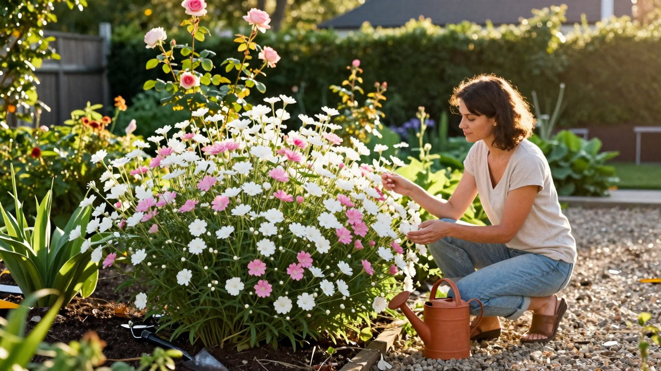 Frau gießt und pflegt Blumen mit weißen und rosa Blüten in einem sonnigen Garten mit Kiesweg.