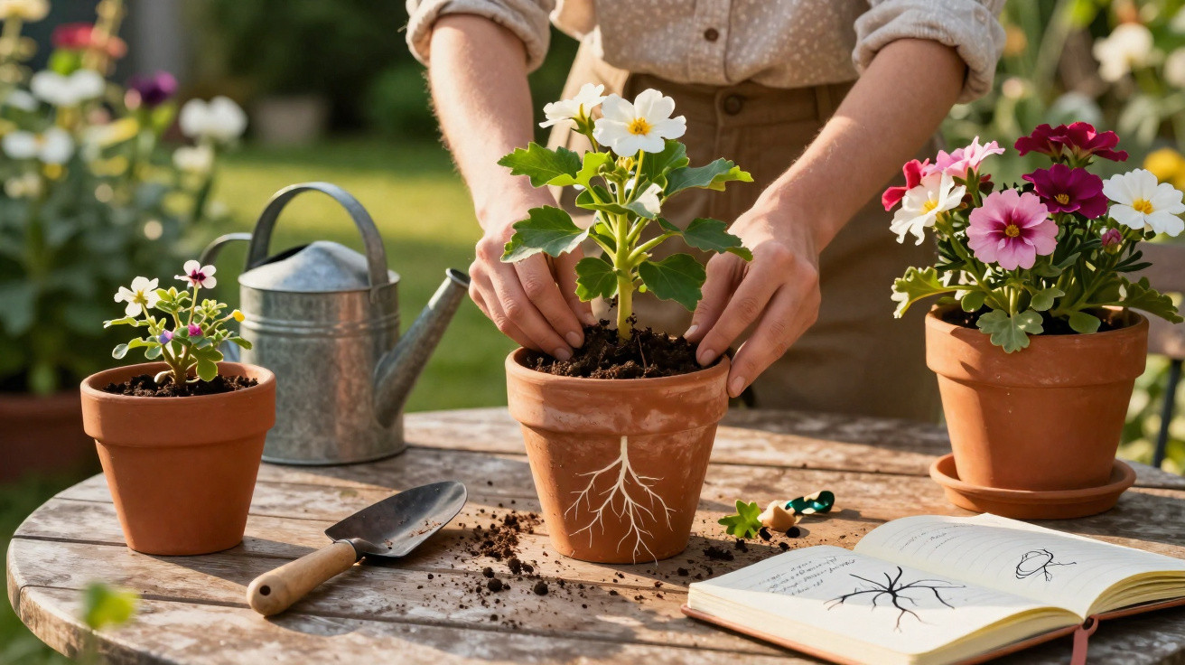 Person pflanzt Blume in Tontopf, Gartengeräte, Gießkanne und Pflanzenkunde-Buch auf Holztisch im Garten.