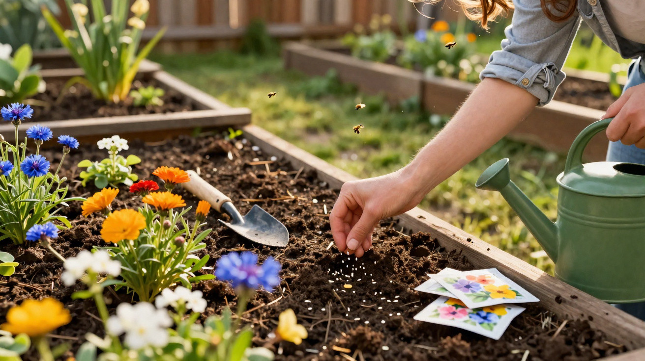 Person sät im Garten mit Gießkanne und Blumensamen in Blumenbeet mit Bienen und blühenden Pflanzen.