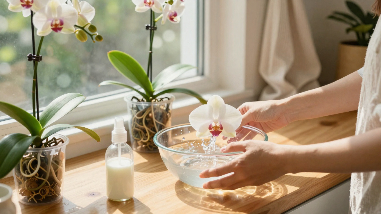 Person taucht weiße Orchideenblüte in Wasserschale auf Fensterbank mit weiteren Orchideen und Pflegeflasche.