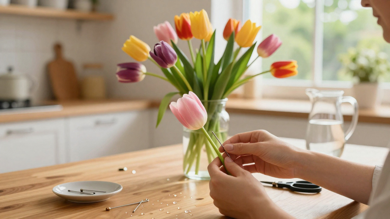 Person arrangiert rosa Tulpen vor einer Vase mit bunten Tulpen auf einem Holztisch in der Küche.