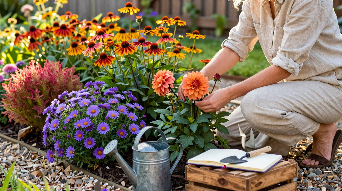 Frau pflegt Blumenbeet mit orangefarbenen, lila und gelben Blüten, Gießkanne und Gartengeräte daneben.