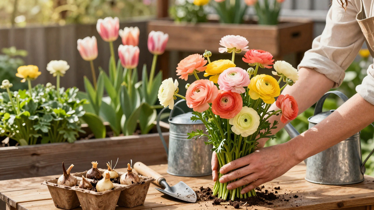 Frau arrangiert bunte Ranunkeln auf Gartentisch mit Blumenzwiebeln und Gießkannen im Hintergrund.
