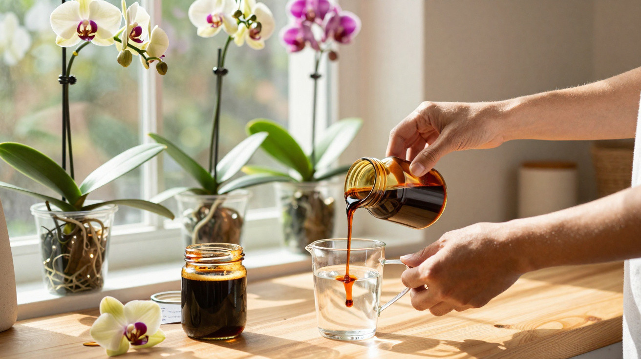 Hand gießt dunklen Sirup aus Glas in eine Tasse vor Fenster mit Orchideen auf Holzbrett.