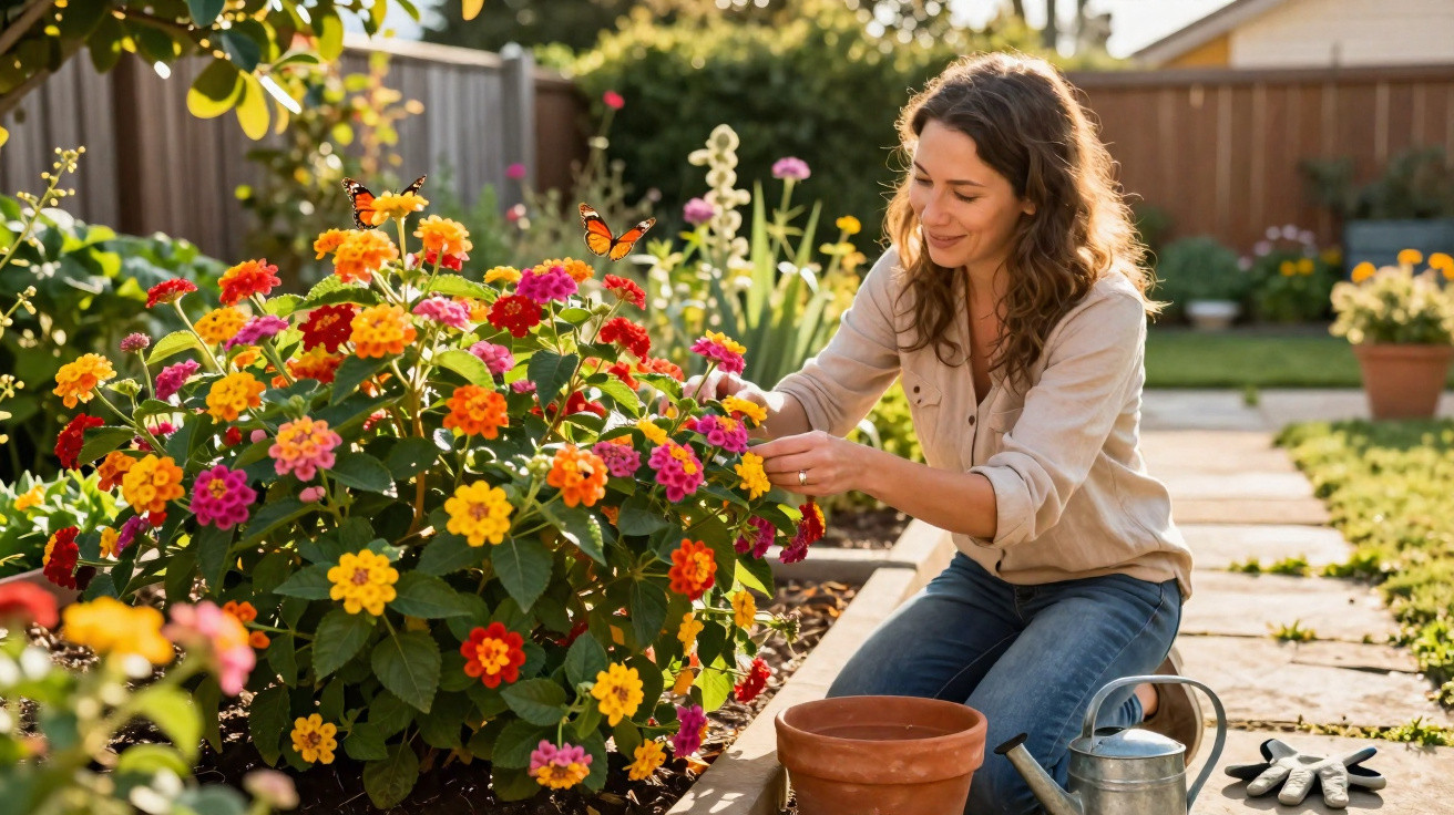 Frau kniet im Garten und pflückt bunte Blumen, zwei Schmetterlinge sitzen auf den Blüten.