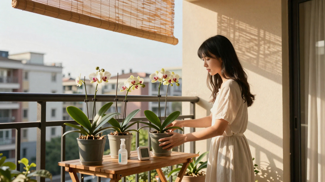 Frau in weißem Kleid pflegt Orchideen auf einem Balkon bei Sonnenlicht in urbaner Umgebung.