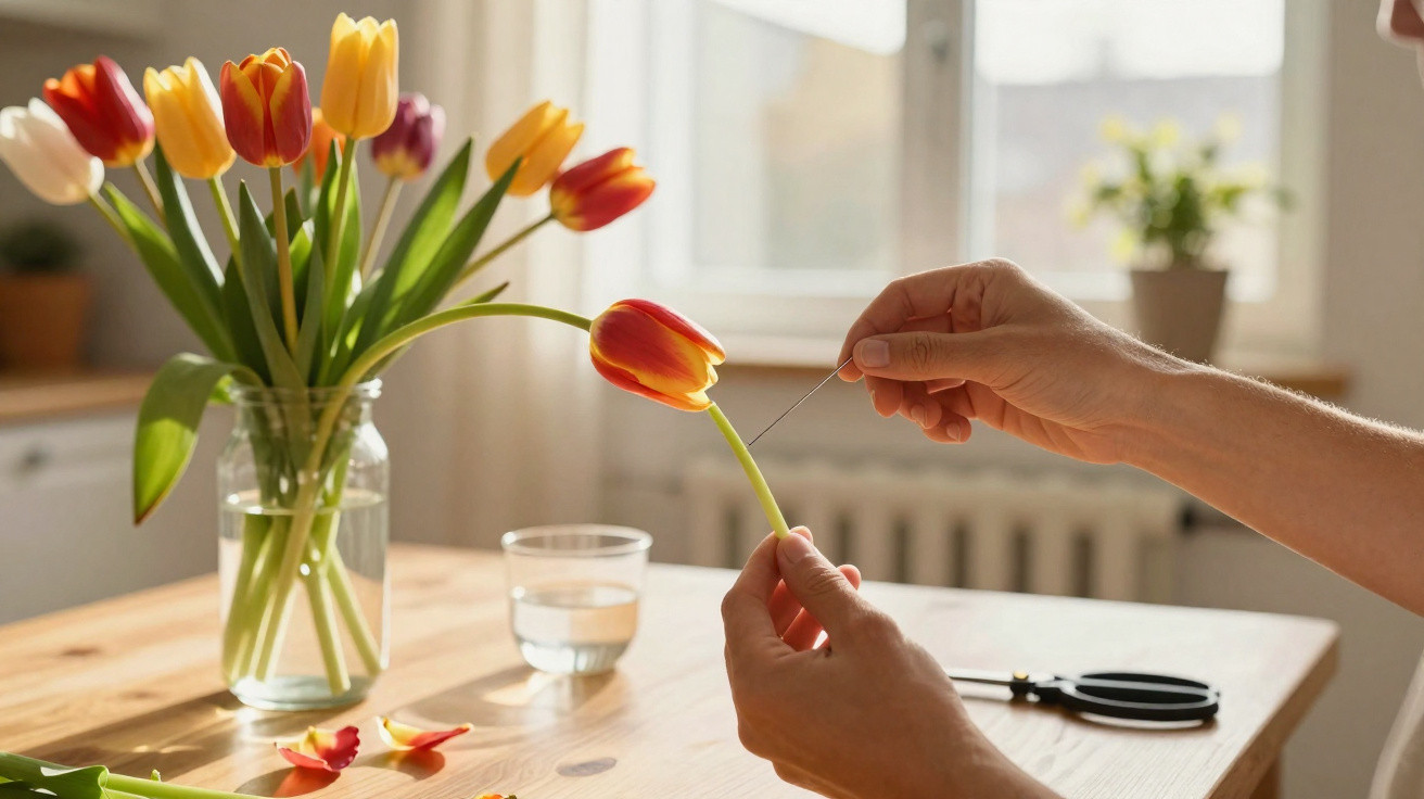 Person zieht mit Nadel einen Faden durch roten Tulpenstiel an einem Holztisch mit Glas Wasser und Schere