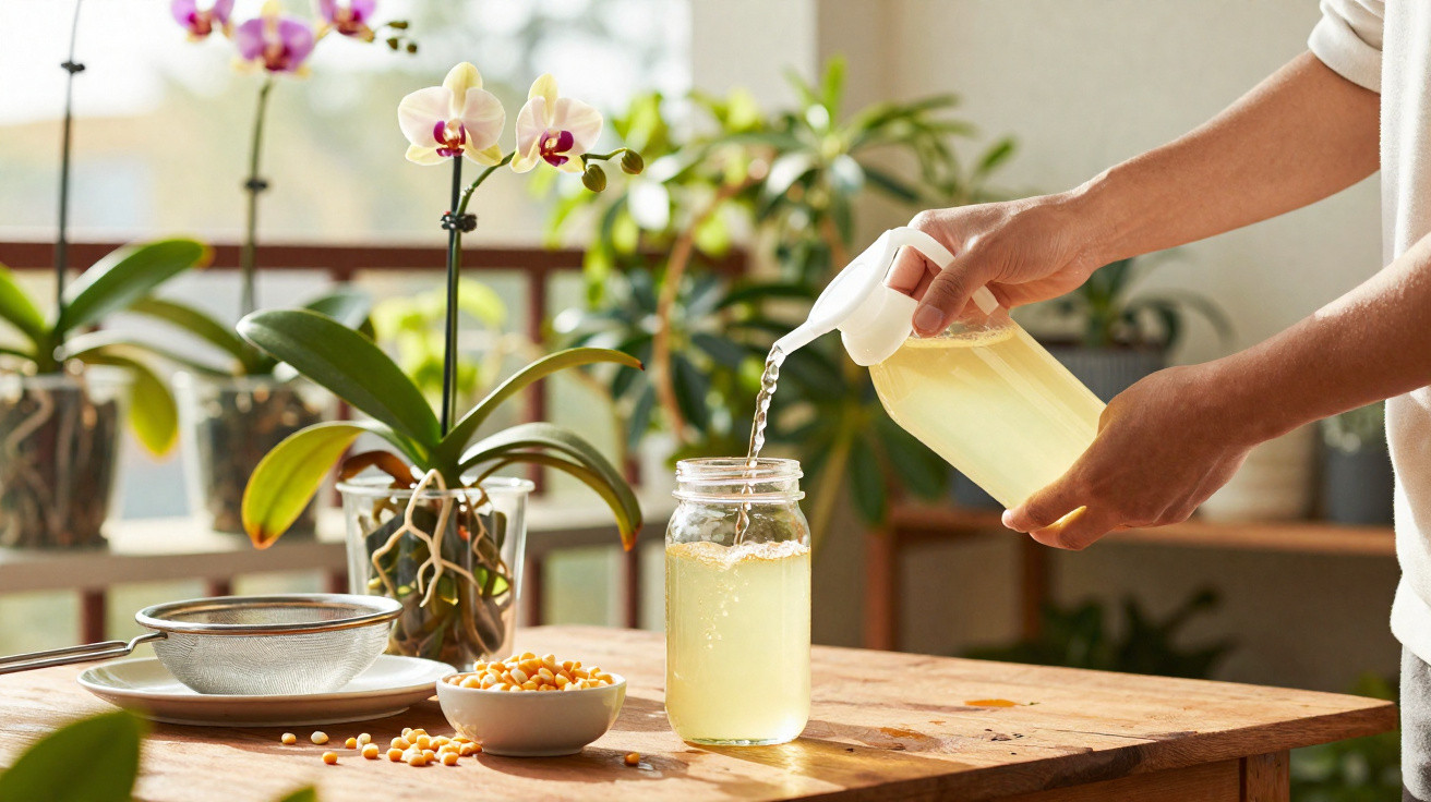 Person gießt selbstgemachtes Pflanzenöl in ein Glas auf einem Holztisch mit Orchideen im Hintergrund.