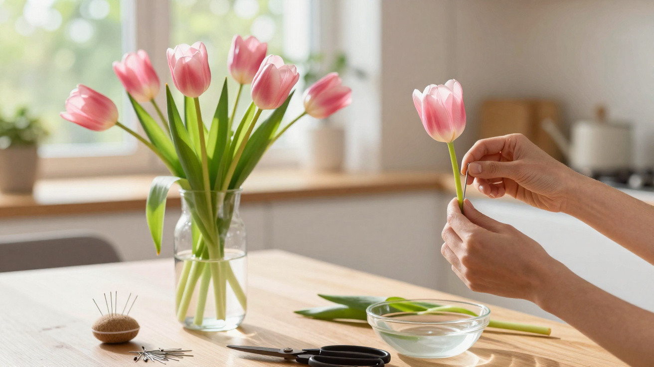 Hände arrangieren rosa Tulpen in Vase auf hellem Holztisch mit Schere und Accessoires in heller Küche.