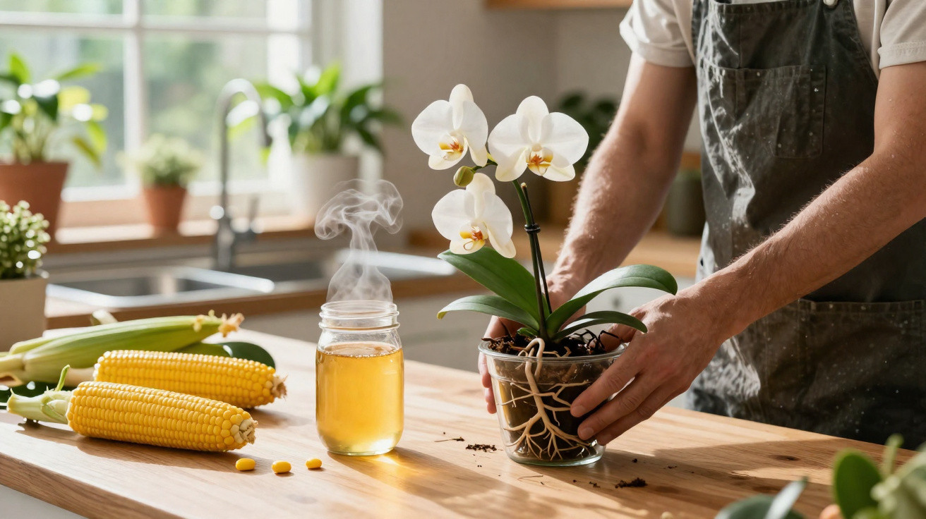 Person gießt Orchidee im Glas auf einem Holztisch neben dampfendem Honigglas und frischem Mais in heller Küche