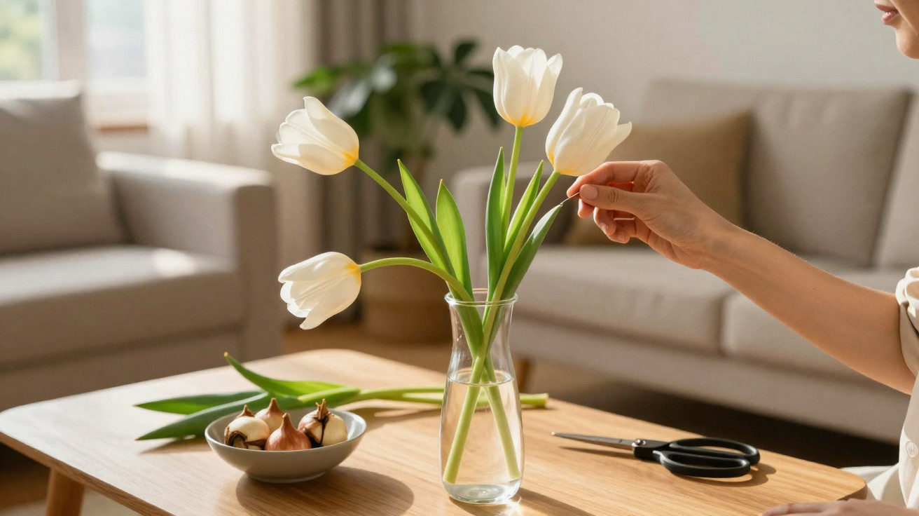 Hand ordnet weiße Tulpen in einer Glasvase auf einem Holztisch im Wohnzimmer an.