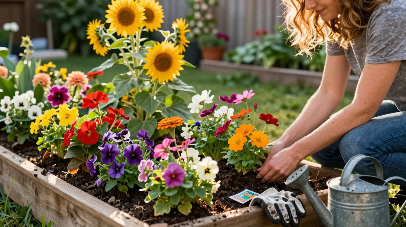 Frau pflanzt bunte Blumen in einem sonnigen Hochbeet, mit Gießkanne und Gartenschuhen daneben.