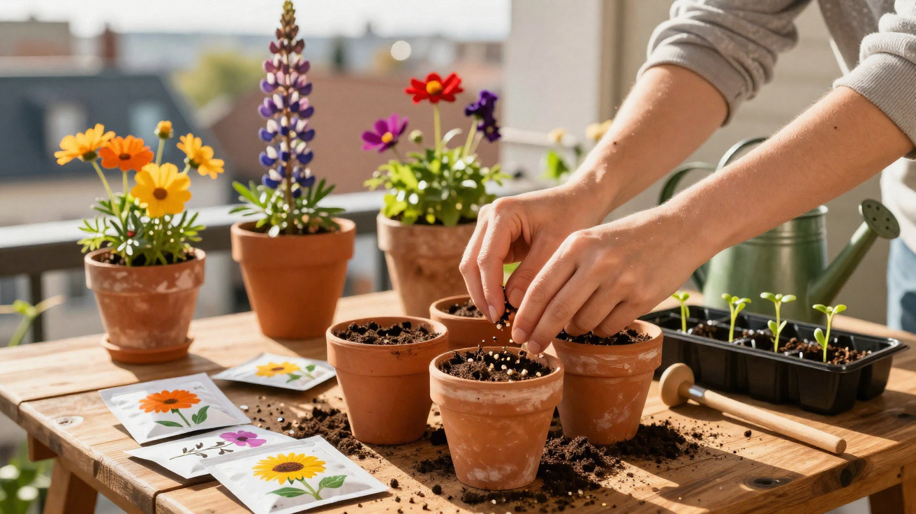 Hände säen Samen in Blumentöpfe auf einem Holztisch mit Blumen und Saatgutpäckchen.