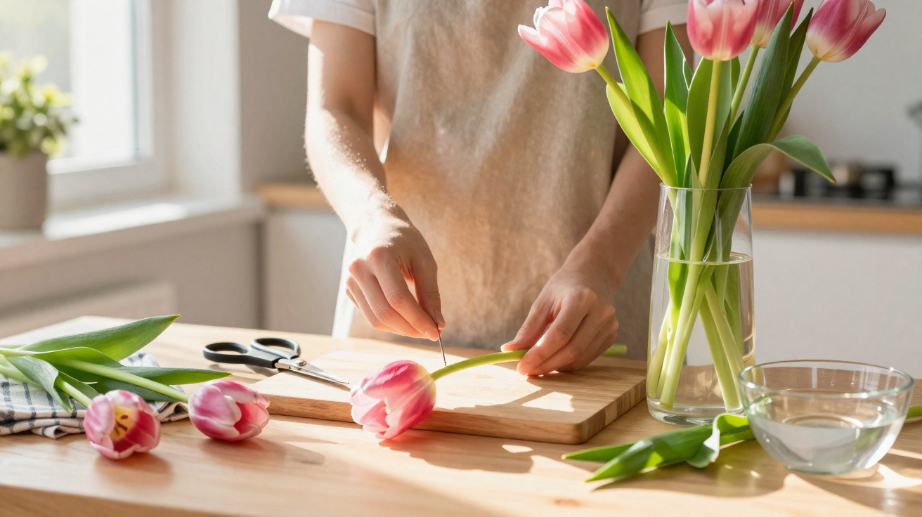 Person schneidet rosa Tulpen auf Holzbrett in sonniger Küche mit Blumenvase und Schere.