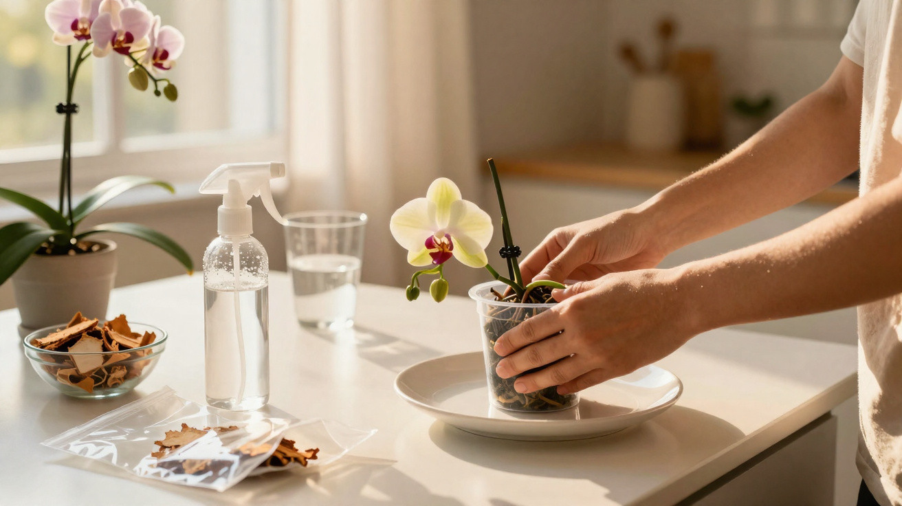 Person gießt Orchidee in durchsichtigen Topf auf weißer Küchenarbeitsplatte mit Sprühflasche und getrockneten Blättern.