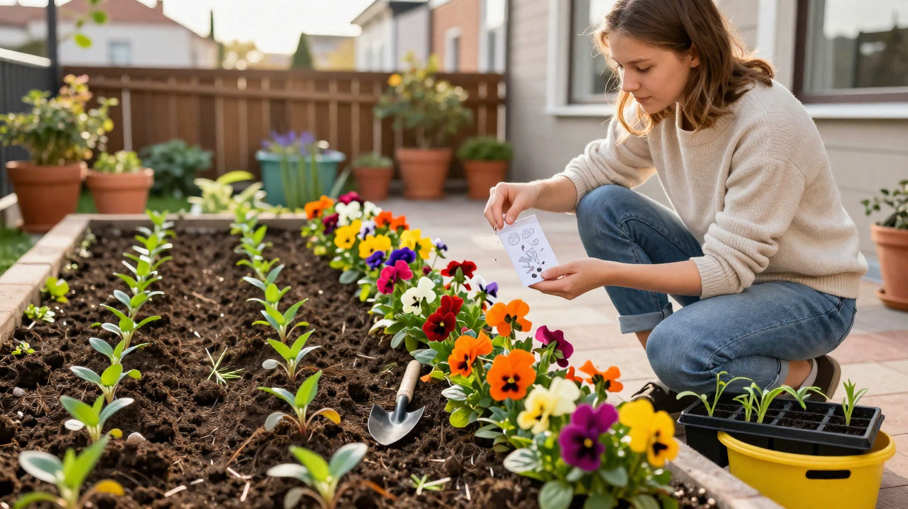 Frau pflanzt bunte Stiefmütterchen in Beeten im Garten, hält Saatguttüte und trägt beige Pullover.