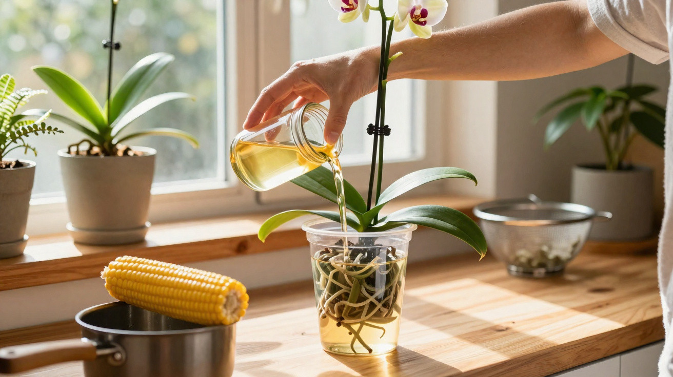 Hand gießt Wasser in durchsichtigen Becher mit Orchideenpflanze auf Küchenarbeitsplatte neben Maiskolben und Topf