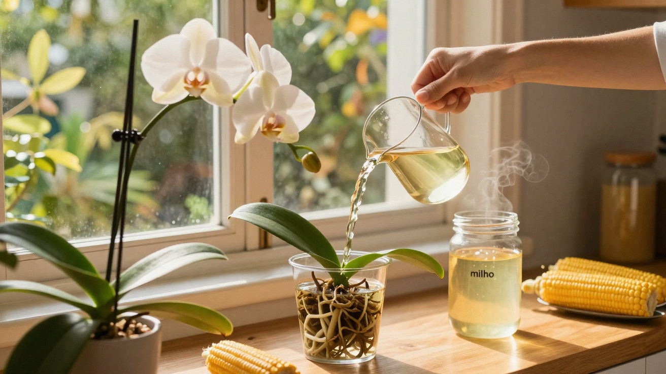 Hand gießt Wasser aus Glasgefäß in transparenten Blumentopf mit Orchidee neben Maiskolben auf Fensterbank
