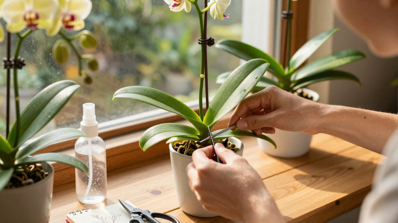 Person pflegt Orchideen mit Pinzette auf Fensterbank, daneben Sprühflasche und Schere.