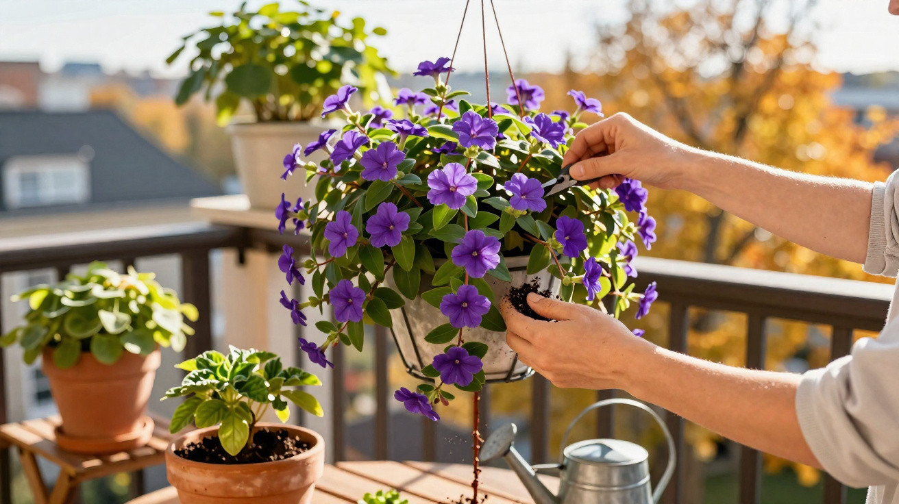 Person pflegt hängenden Blumentopf mit lila Blüten auf einem sonnigen Balkon im Herbst.
