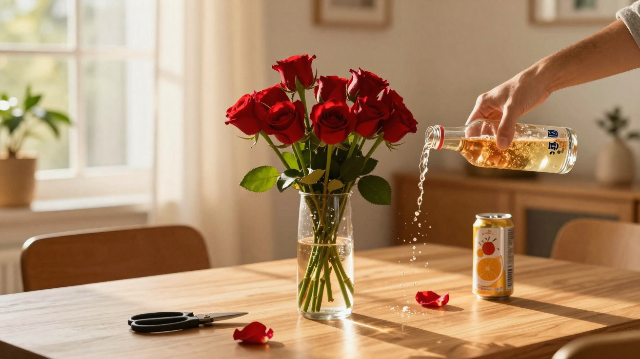 Hand gießt Wasser aus Flasche in Glasvase mit roten Rosen auf Holztisch, Schere und Getränkedose daneben.
