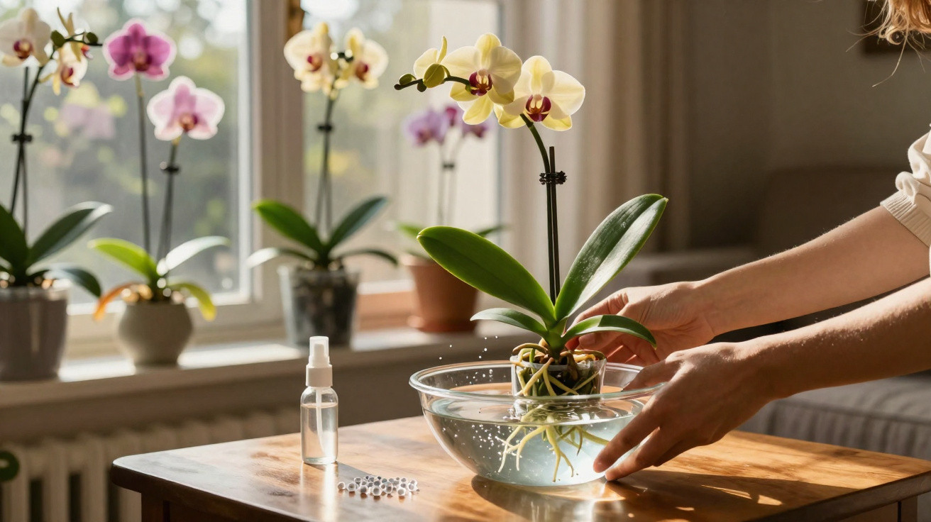 Person gießt Orchidee mit Wurzeln in Schüssel Wasser, weitere Orchideen auf Fensterbank im Hintergrund.